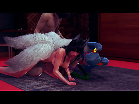 KDA Ahri and Sona from league of legends – hardcore group sex with two pussy rubbing with big dick and massive cumshot